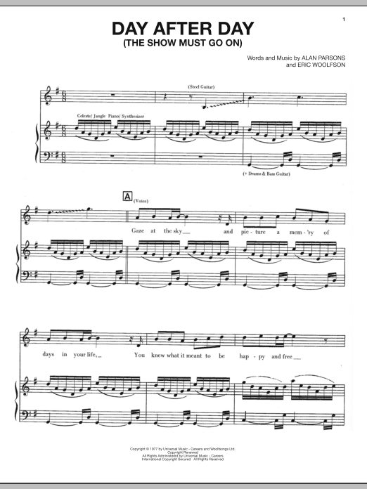 Alan Parsons Project Day After Day (The Show Must Go On) sheet music notes and chords arranged for Piano, Vocal & Guitar Chords (Right-Hand Melody)