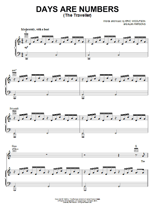 Alan Parsons Project Days Are Numbers sheet music notes and chords arranged for Piano, Vocal & Guitar Chords (Right-Hand Melody)