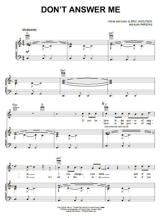 Alan Parsons Project Don't Answer Me sheet music notes and chords arranged for Piano, Vocal & Guitar Chords (Right-Hand Melody)