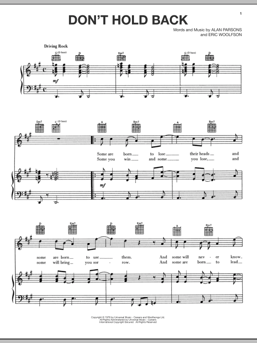 Alan Parsons Project Don't Hold Back sheet music notes and chords arranged for Piano, Vocal & Guitar Chords (Right-Hand Melody)