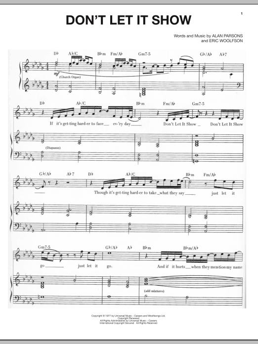 Alan Parsons Project Don't Let It Show sheet music notes and chords arranged for Piano, Vocal & Guitar Chords (Right-Hand Melody)