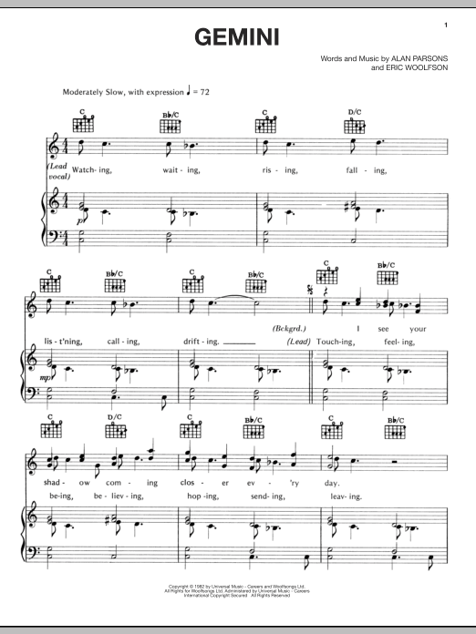 Alan Parsons Project Gemini sheet music notes and chords arranged for Piano, Vocal & Guitar Chords (Right-Hand Melody)