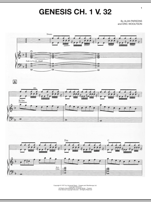 Alan Parsons Project Genesis Ch. 1 V. 32 sheet music notes and chords arranged for Piano, Vocal & Guitar Chords (Right-Hand Melody)