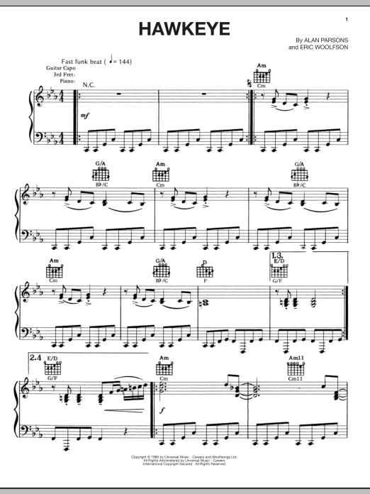 Alan Parsons Project Hawkeye sheet music notes and chords arranged for Piano, Vocal & Guitar Chords (Right-Hand Melody)