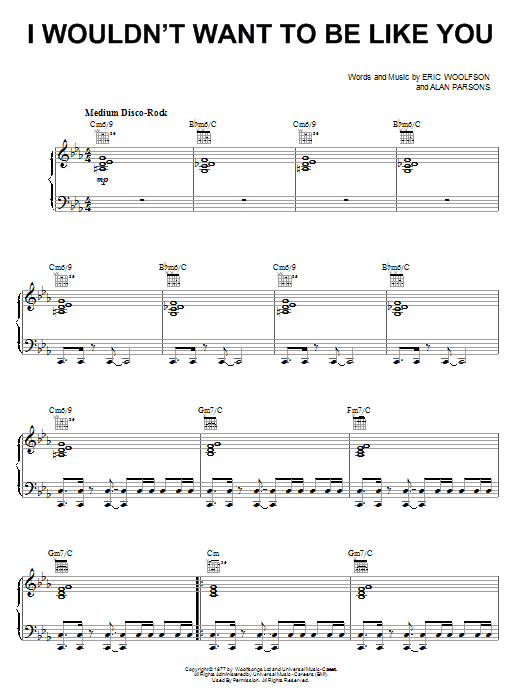 Alan Parsons Project I Wouldn't Want To Be Like You sheet music notes and chords arranged for Piano, Vocal & Guitar Chords (Right-Hand Melody)