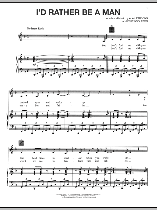 Alan Parsons Project I'd Rather Be A Man sheet music notes and chords arranged for Piano, Vocal & Guitar Chords (Right-Hand Melody)