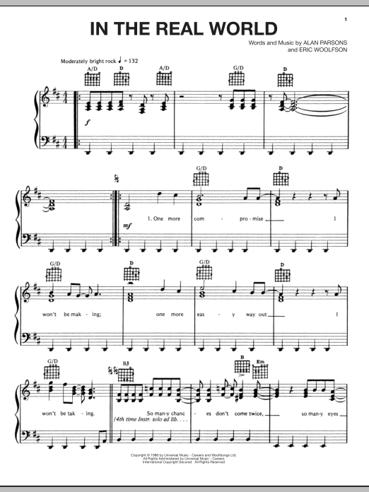 Alan Parsons Project In The Real World sheet music notes and chords arranged for Piano, Vocal & Guitar Chords (Right-Hand Melody)