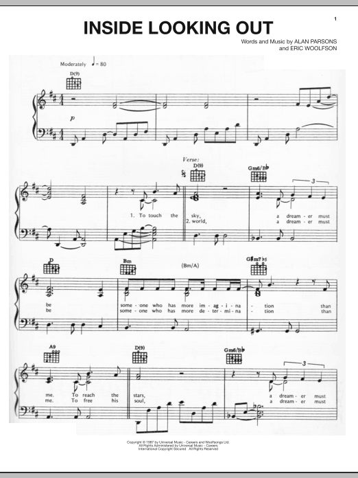 Alan Parsons Project Inside Looking Out sheet music notes and chords arranged for Piano, Vocal & Guitar Chords (Right-Hand Melody)