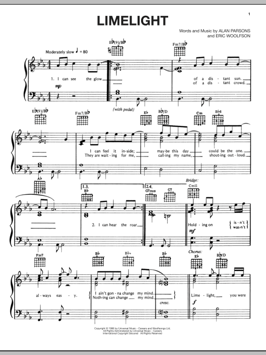 Alan Parsons Project Limelight sheet music notes and chords arranged for Piano, Vocal & Guitar Chords (Right-Hand Melody)