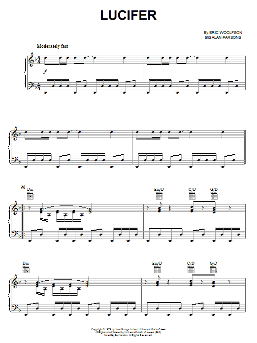 Alan Parsons Project Lucifer sheet music notes and chords arranged for Piano, Vocal & Guitar Chords (Right-Hand Melody)