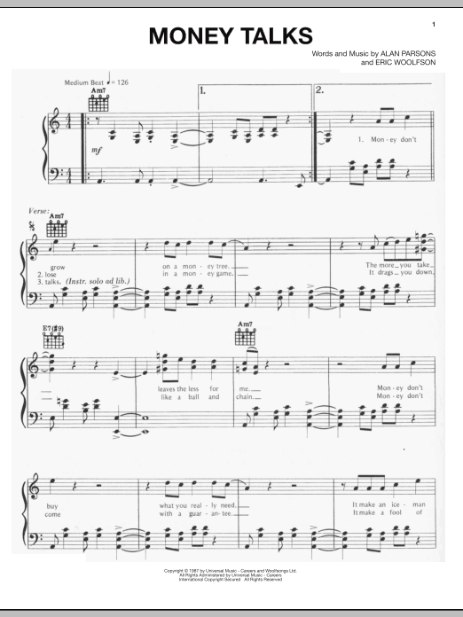 Alan Parsons Project Money Talks sheet music notes and chords arranged for Piano, Vocal & Guitar Chords (Right-Hand Melody)