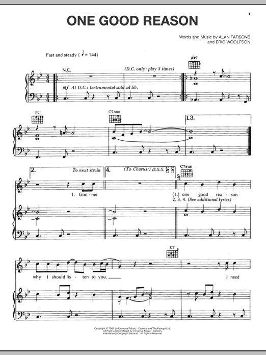 Alan Parsons Project One Good Reason sheet music notes and chords arranged for Piano, Vocal & Guitar Chords (Right-Hand Melody)