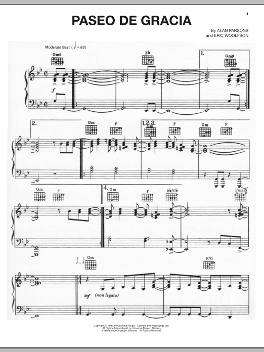 Alan Parsons Project Paseo De Gracia sheet music notes and chords arranged for Piano, Vocal & Guitar Chords (Right-Hand Melody)