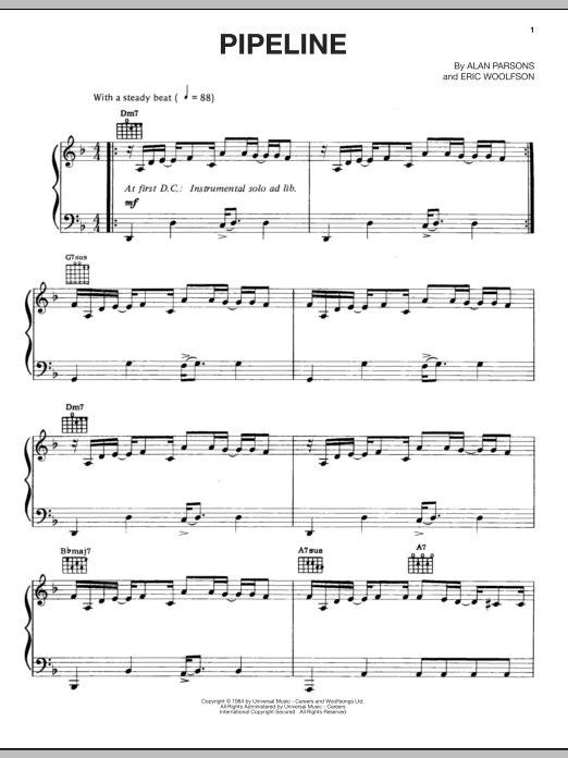 Alan Parsons Project Pipeline sheet music notes and chords arranged for Piano Solo