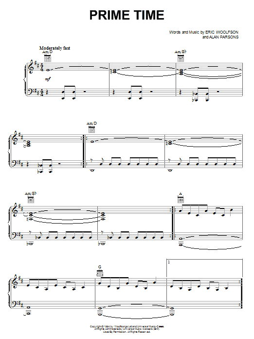 Alan Parsons Project Prime Time sheet music notes and chords arranged for Piano, Vocal & Guitar Chords (Right-Hand Melody)