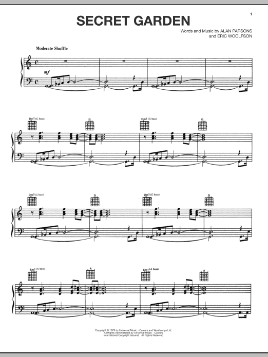 Alan Parsons Project Secret Garden sheet music notes and chords arranged for Piano, Vocal & Guitar Chords (Right-Hand Melody)