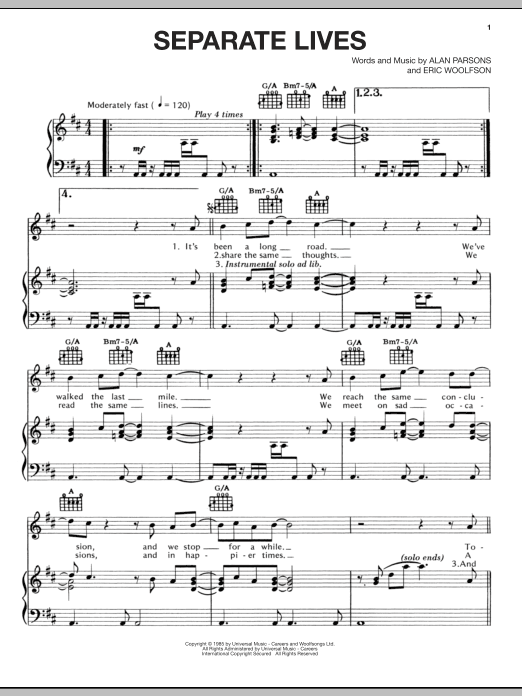 Alan Parsons Project Separate Lives sheet music notes and chords arranged for Piano, Vocal & Guitar Chords (Right-Hand Melody)