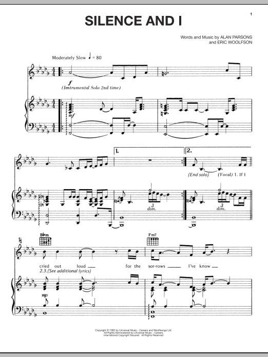 Alan Parsons Project Silence And I sheet music notes and chords arranged for Piano, Vocal & Guitar Chords (Right-Hand Melody)