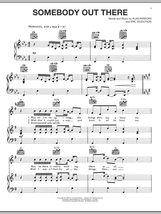Alan Parsons Project Somebody Out There sheet music notes and chords arranged for Piano, Vocal & Guitar Chords (Right-Hand Melody)