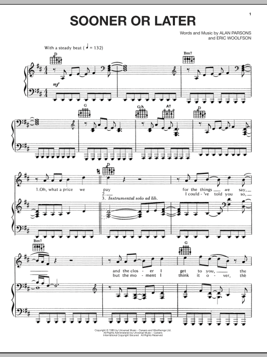 Alan Parsons Project Sooner Or Later sheet music notes and chords arranged for Piano, Vocal & Guitar Chords (Right-Hand Melody)
