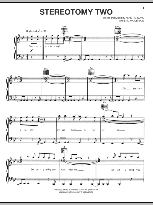 Alan Parsons Project Stereotomy Two sheet music notes and chords arranged for Piano, Vocal & Guitar Chords (Right-Hand Melody)