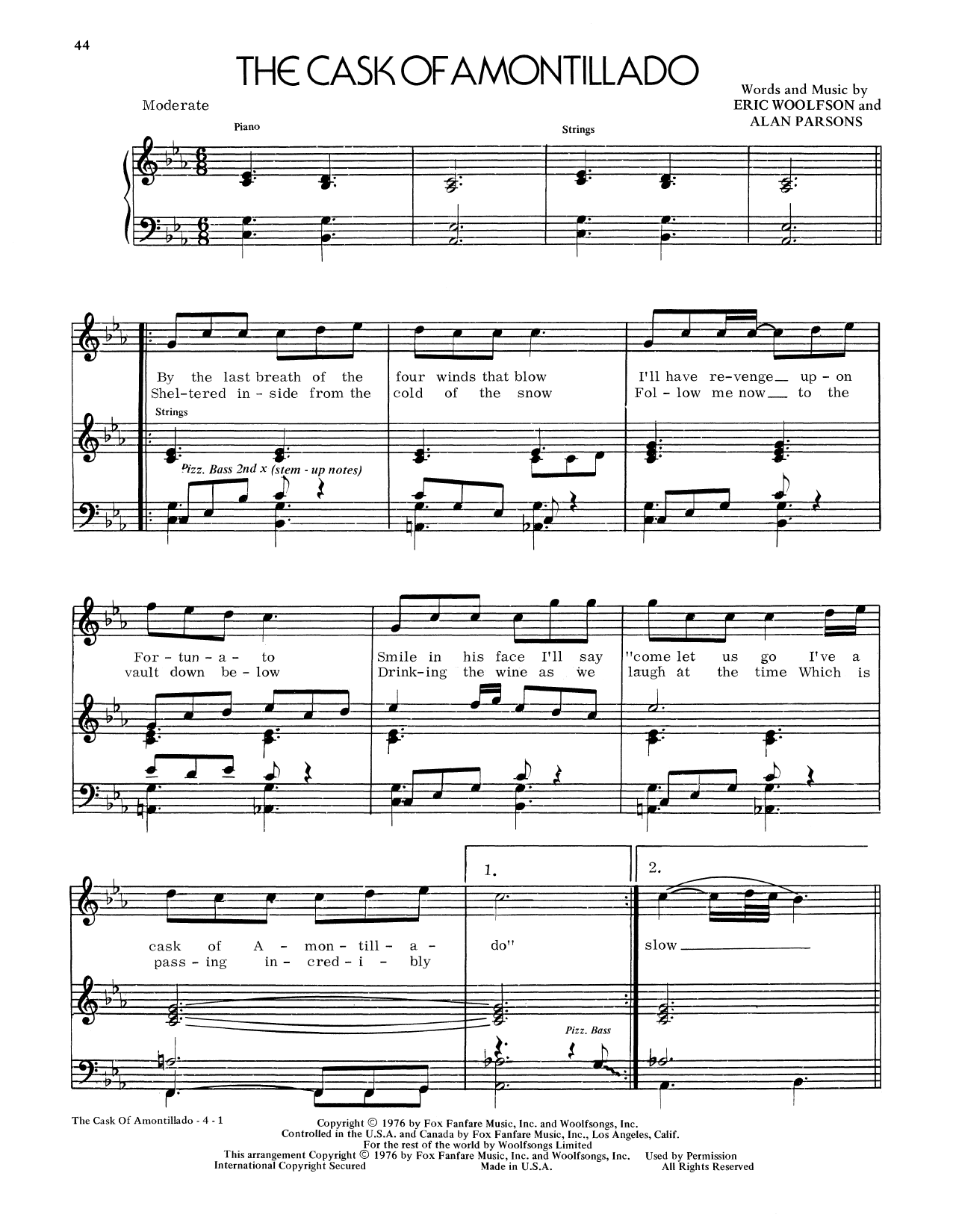 Alan Parsons Project The Cask Of Amontillado sheet music notes and chords arranged for Piano & Vocal