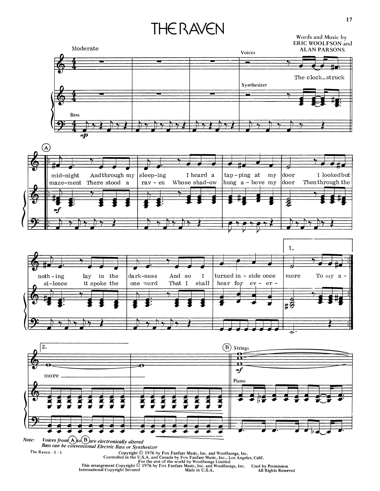Alan Parsons Project The Raven sheet music notes and chords arranged for Piano, Vocal & Guitar Chords (Right-Hand Melody)