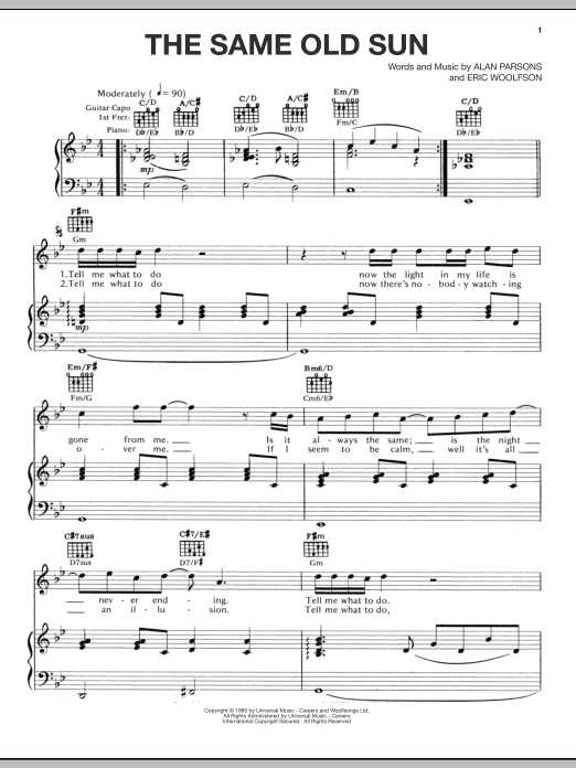 Alan Parsons Project The Same Old Sun sheet music notes and chords arranged for Piano, Vocal & Guitar Chords (Right-Hand Melody)