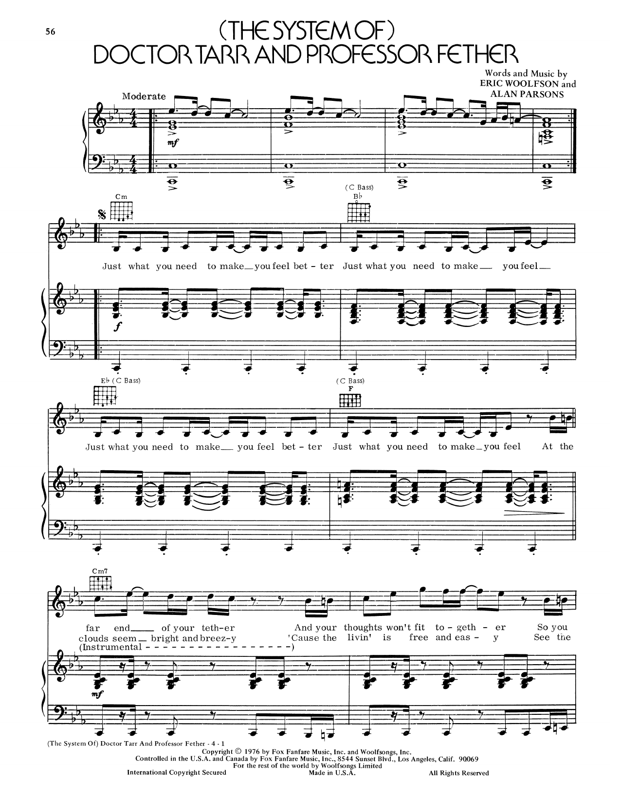 Alan Parsons Project (The System Of) Doctor Tarr And Professor Fether sheet music notes and chords arranged for Piano & Vocal
