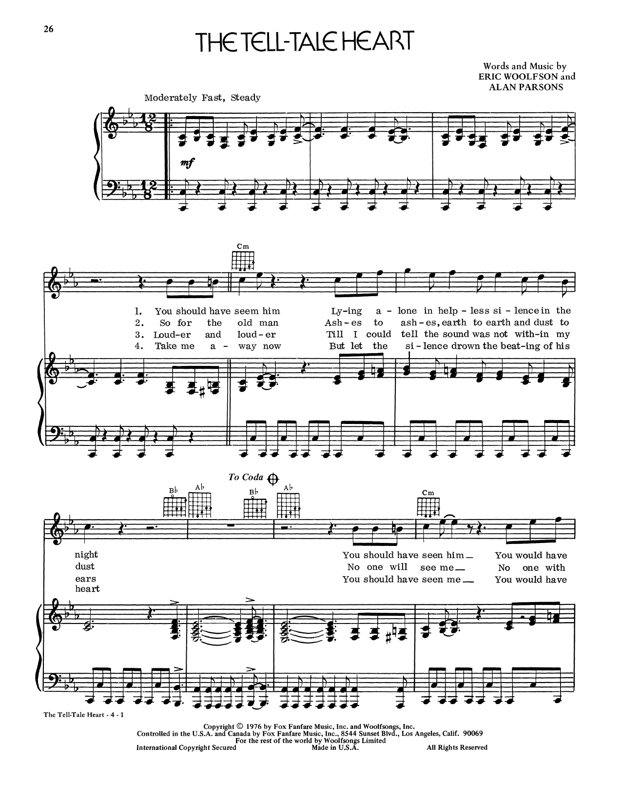 Alan Parsons Project The Tell-Tale Heart sheet music notes and chords arranged for Piano & Vocal