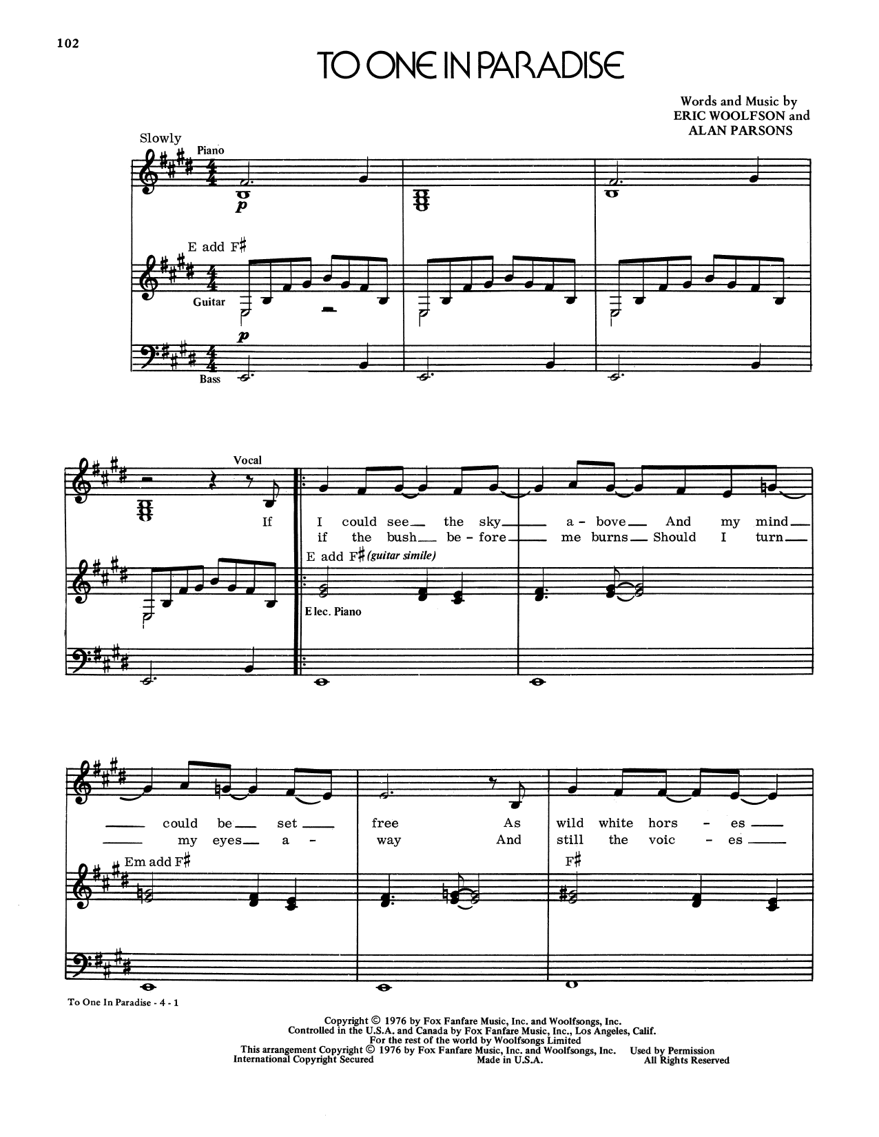 Alan Parsons Project To One In Paradise sheet music notes and chords arranged for Piano, Vocal & Guitar Chords (Right-Hand Melody)