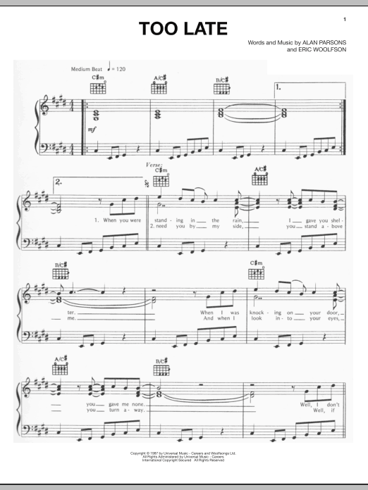 Alan Parsons Project Too Late sheet music notes and chords arranged for Piano, Vocal & Guitar Chords (Right-Hand Melody)
