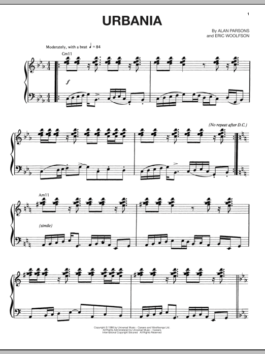 Alan Parsons Project Urbania sheet music notes and chords arranged for Piano, Vocal & Guitar Chords (Right-Hand Melody)
