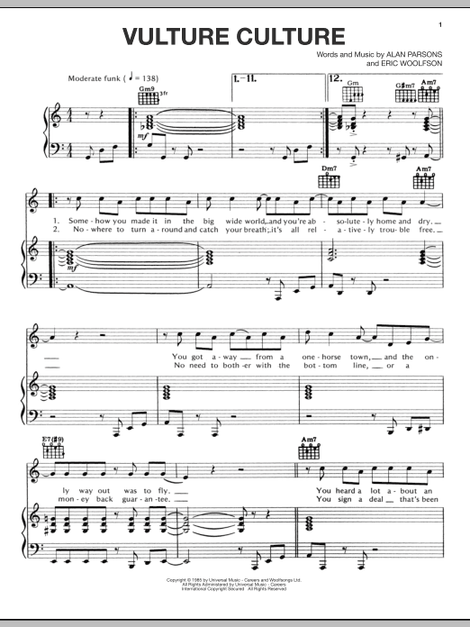 Alan Parsons Project Vulture Culture sheet music notes and chords arranged for Piano, Vocal & Guitar Chords (Right-Hand Melody)