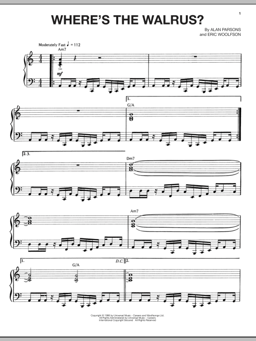 Alan Parsons Project Where's The Walrus? sheet music notes and chords arranged for Piano, Vocal & Guitar Chords (Right-Hand Melody)