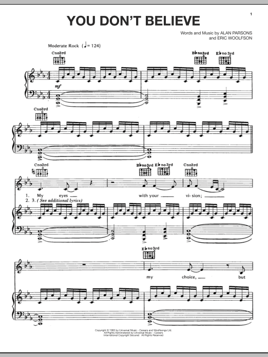 Alan Parsons Project You Don't Believe sheet music notes and chords arranged for Piano, Vocal & Guitar Chords (Right-Hand Melody)