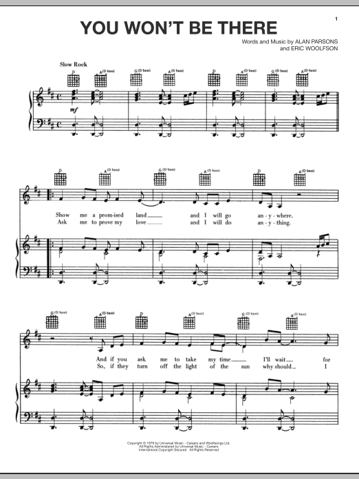 Alan Parsons Project You Won't Be There sheet music notes and chords arranged for Piano, Vocal & Guitar Chords (Right-Hand Melody)