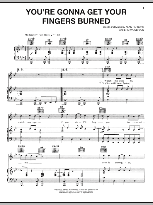 Alan Parsons Project You're Gonna Get Your Fingers Burned sheet music notes and chords arranged for Piano, Vocal & Guitar Chords (Right-Hand Melody)