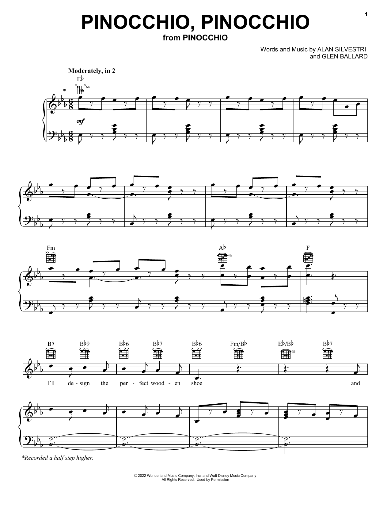 Alan Silvestri and Glen Ballard Pinocchio, Pinocchio (from Pinocchio) (2022) sheet music notes and chords arranged for Piano, Vocal & Guitar Chords (Right-Hand Melody)