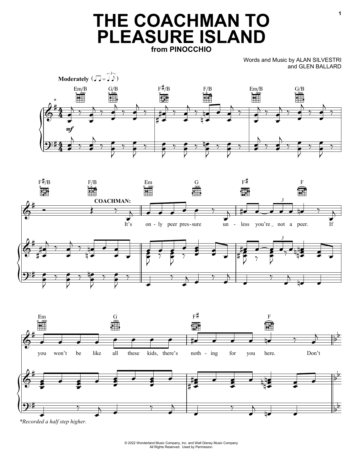 Alan Silvestri and Glen Ballard The Coachman To Pleasure Island (from Pinocchio) (2022) sheet music notes and chords arranged for Piano, Vocal & Guitar Chords (Right-Hand Melody)