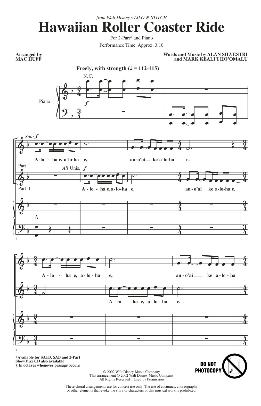 Alan Silvestri and Mark Keali'i Ho'omalu Hawaiian Roller Coaster Ride (from Lily & Stitch) (arr. Mac Huff) sheet music notes and chords arranged for 2-Part Choir