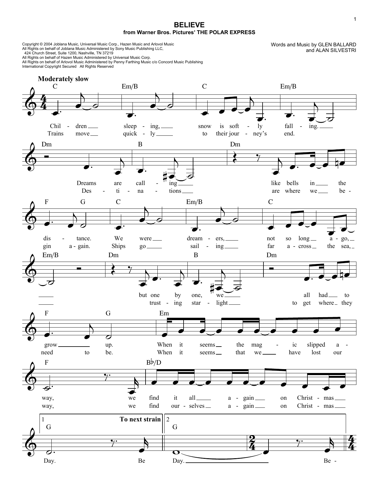 Alan Silvestri Believe (from The Polar Express) sheet music notes and chords arranged for Lead Sheet / Fake Book