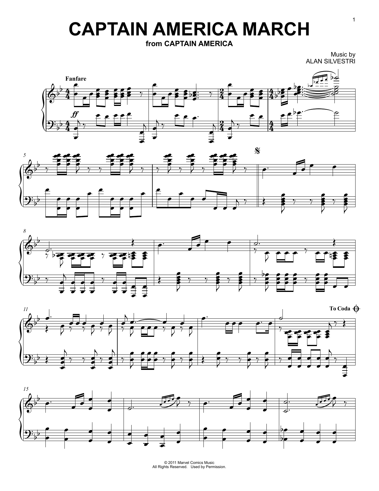 Alan Silvestri Captain America March (from Captain America: The First Avenger) sheet music notes and chords arranged for Piano Solo