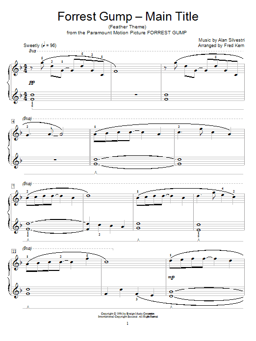 Alan Silvestri Forrest Gump - Main Title (Feather Theme) (arr. Fred Kern) sheet music notes and chords arranged for Educational Piano