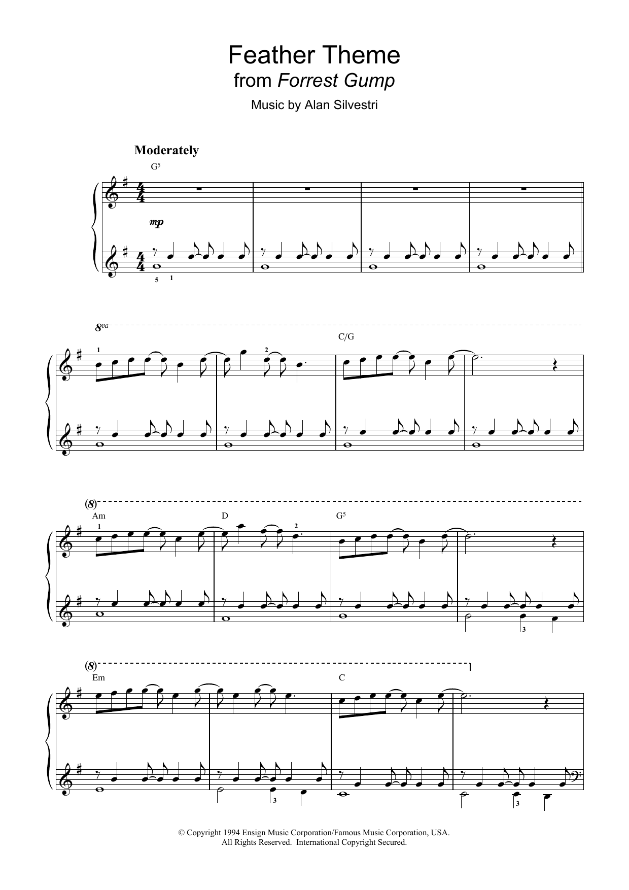 Alan Silvestri Forrest Gump - Main Title (Feather Theme) sheet music notes and chords arranged for Violin Solo