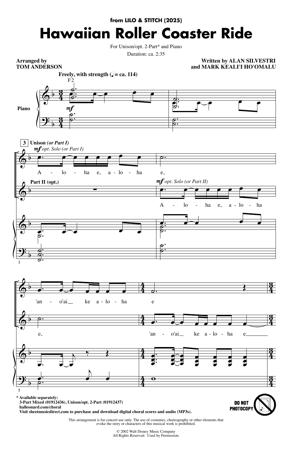 Alan Silvestri Hawaiian Roller Coaster Ride (from Lily & Stitch) (2025) (arr. Tom Anderson) sheet music notes and chords arranged for 2-Part Choir