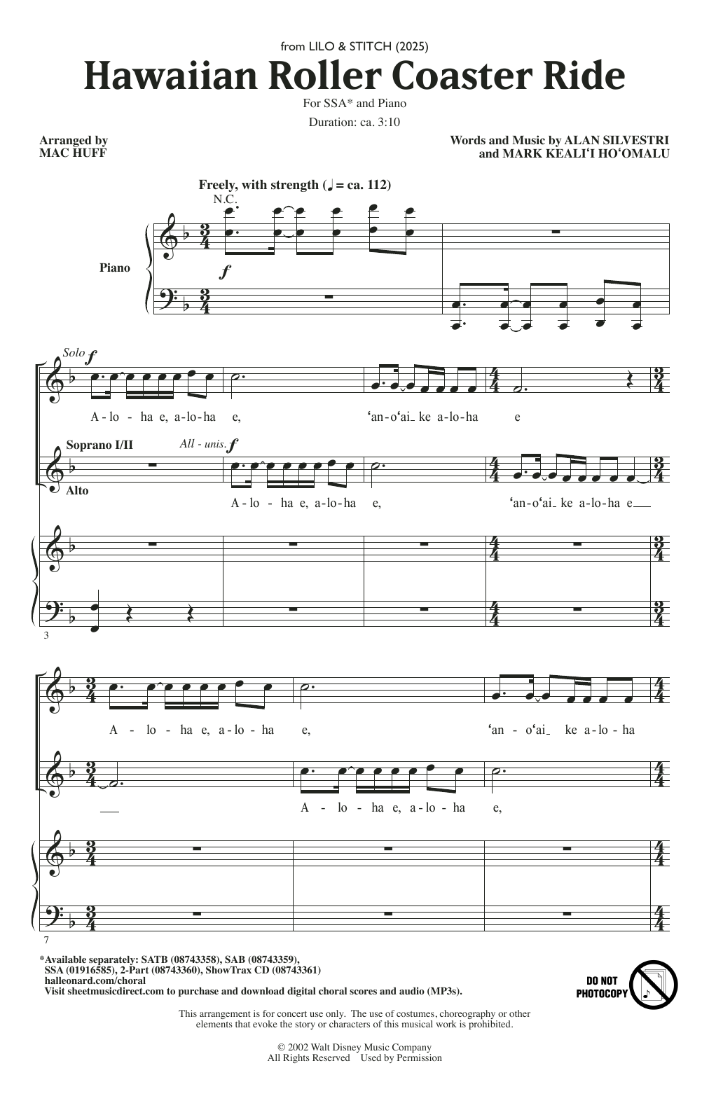Alan Silvestri Hawaiian Roller Coaster Ride (from Lilo & Stitch) (arr. Mac Huff) sheet music notes and chords arranged for SSA Choir