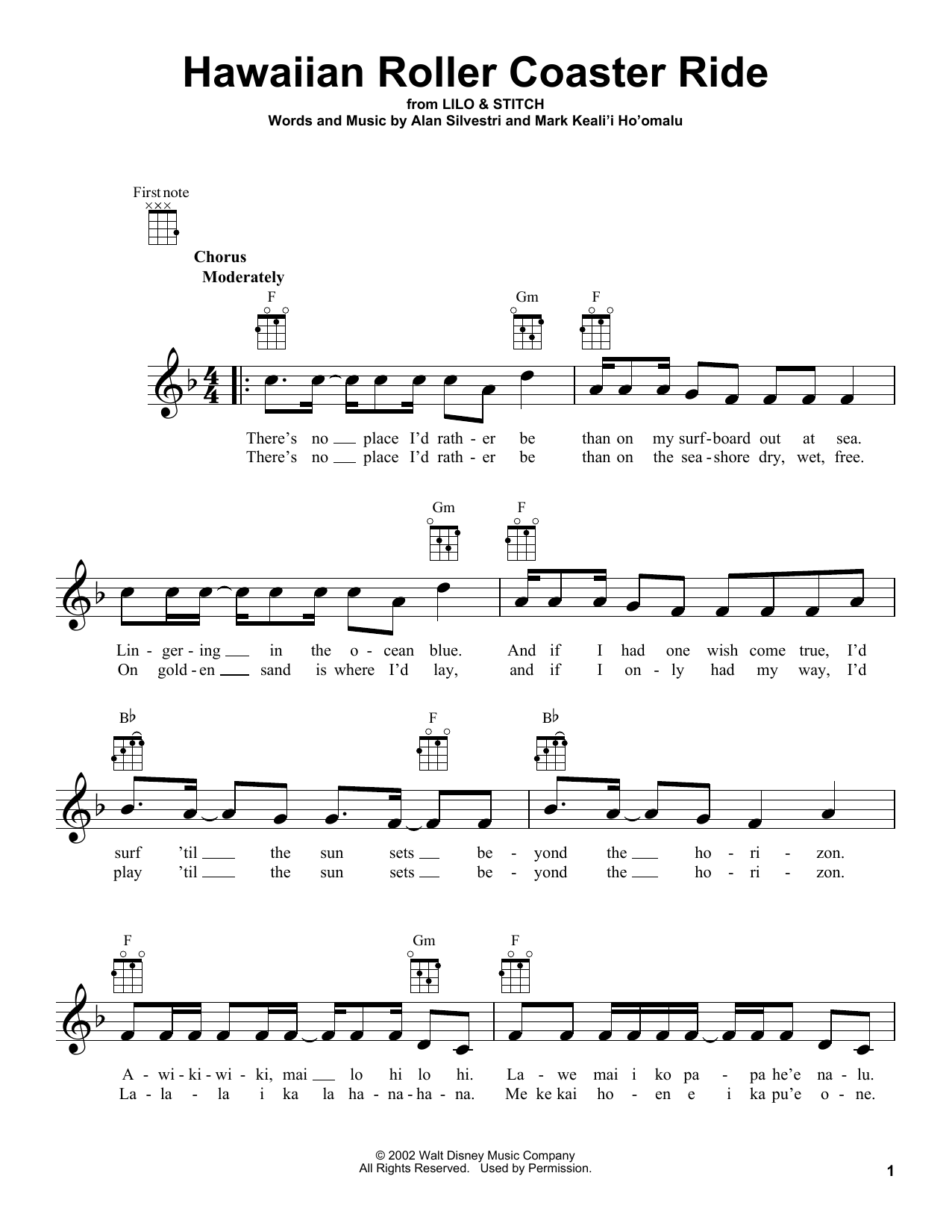 Alan Silvestri Hawaiian Roller Coaster Ride (from Lilo & Stitch) sheet music notes and chords arranged for Ukulele