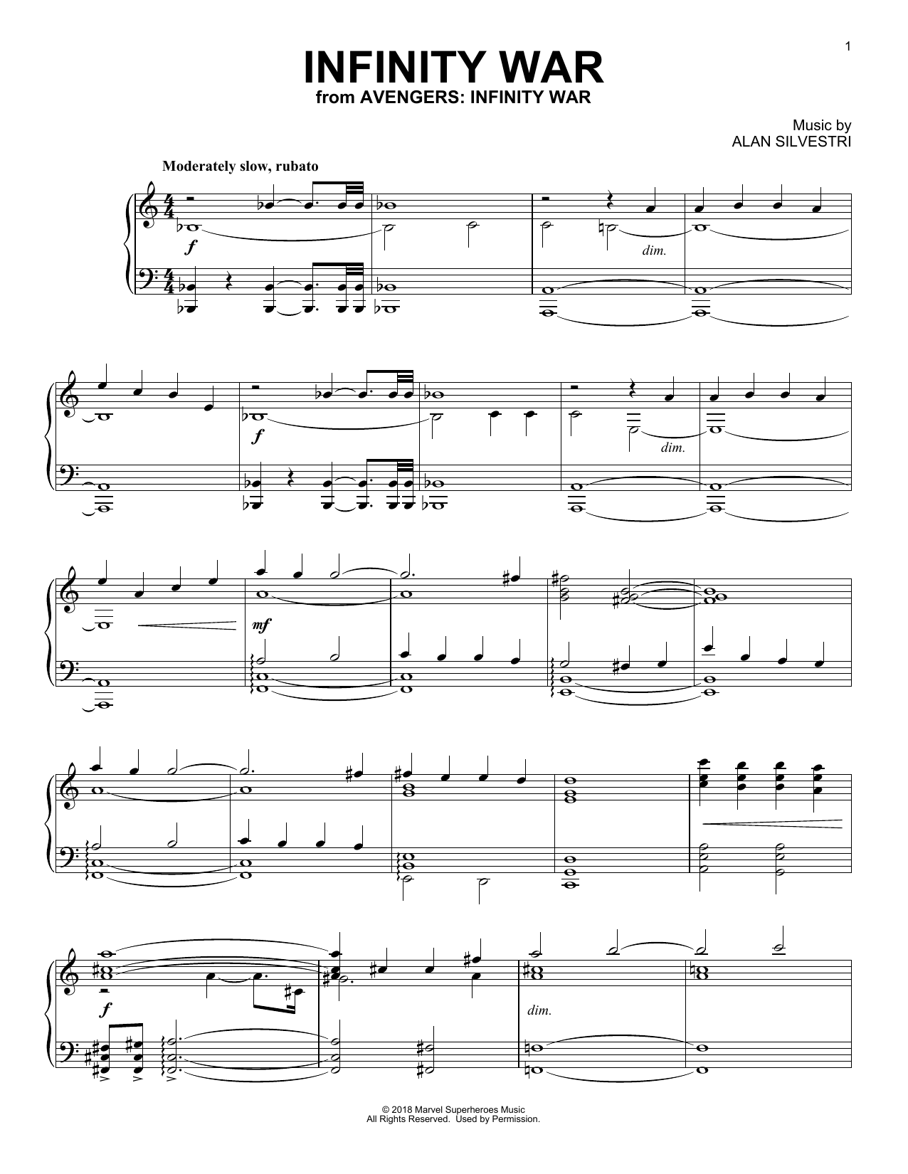 Alan Silvestri Infinity War (from Avengers: Infinity War) sheet music notes and chords arranged for Piano Solo