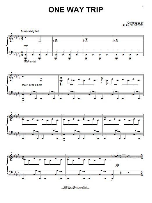 Alan Silvestri One Way Trip (from The Avengers) sheet music notes and chords arranged for Piano Solo
